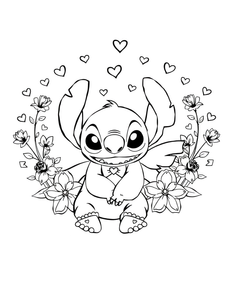 Stitch et Angel entourés de cœurs, page de coloriage noir et blanc avec contours épais.