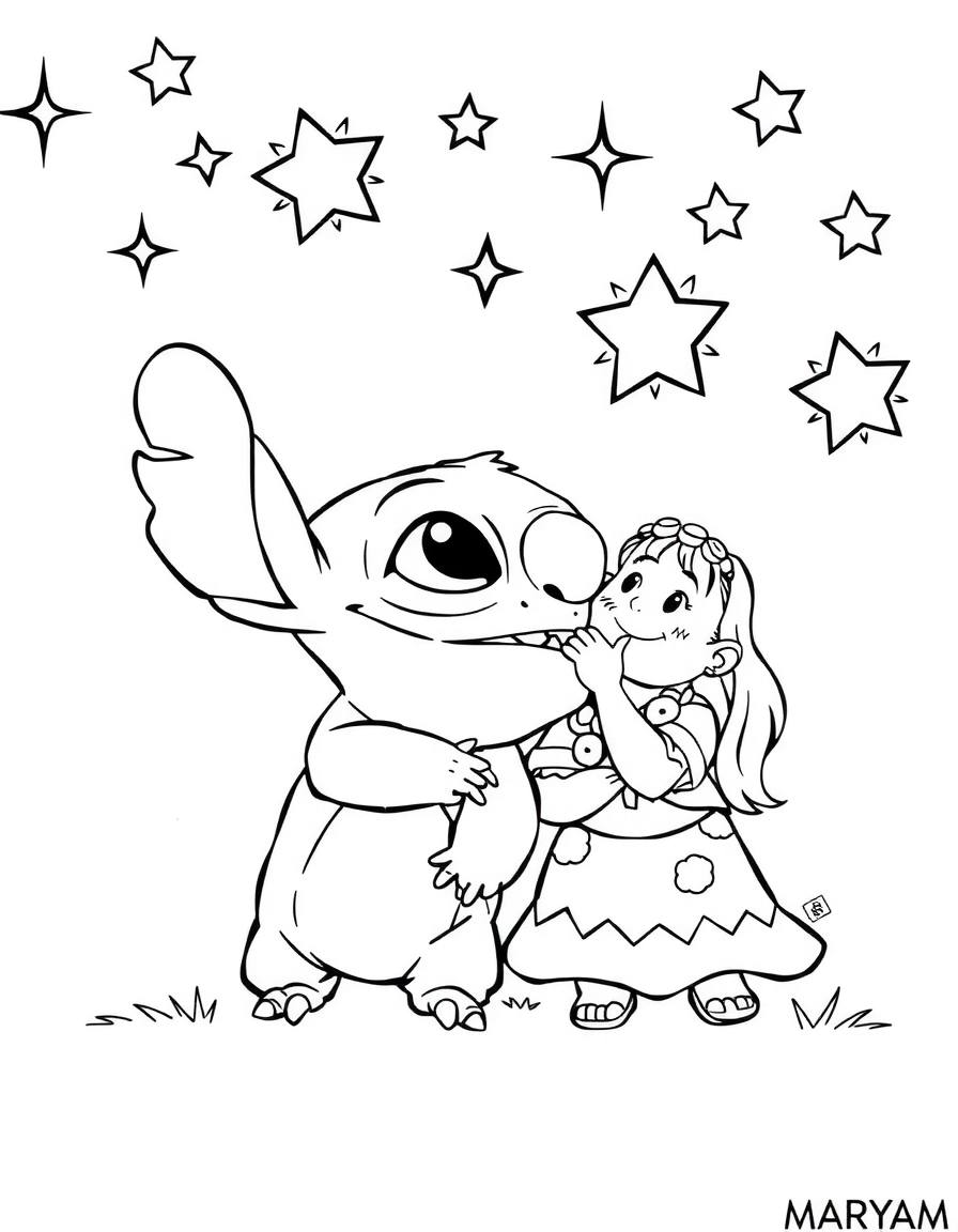 Stitch et Lilo regardant les étoiles, page de coloriage noir et blanc avec contours épais.