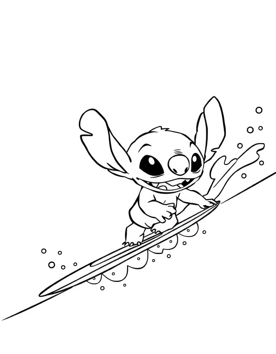 Stitch surfant sur une vague, page de coloriage noir et blanc avec contours épais.