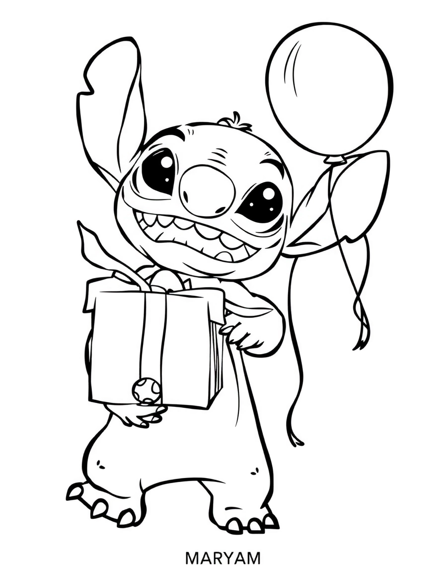 Stitch tenant un cadeau et un ballon, page de coloriage noir et blanc avec contours épais.
