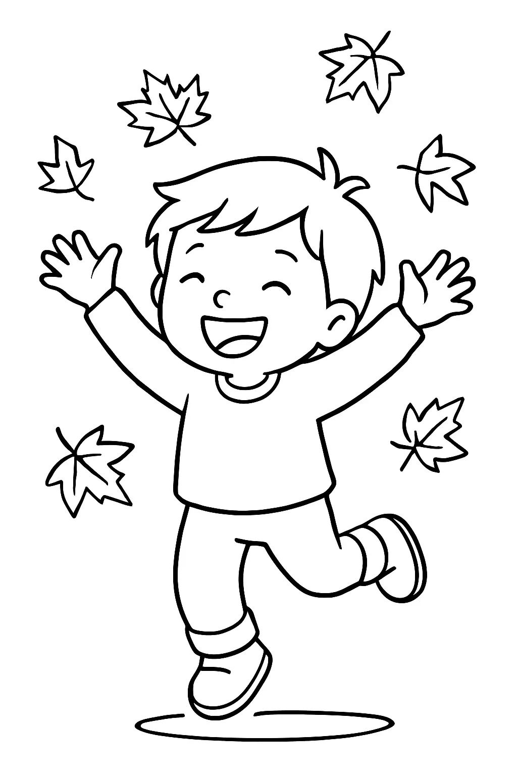 Enfant sautant et attrapant des feuilles, page de coloriage en noir et blanc avec contours épais.
