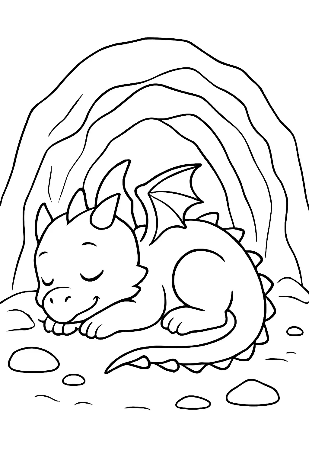 Bébé dragon endormi dans une grotte, page de coloriage noir et blanc avec contours épais.