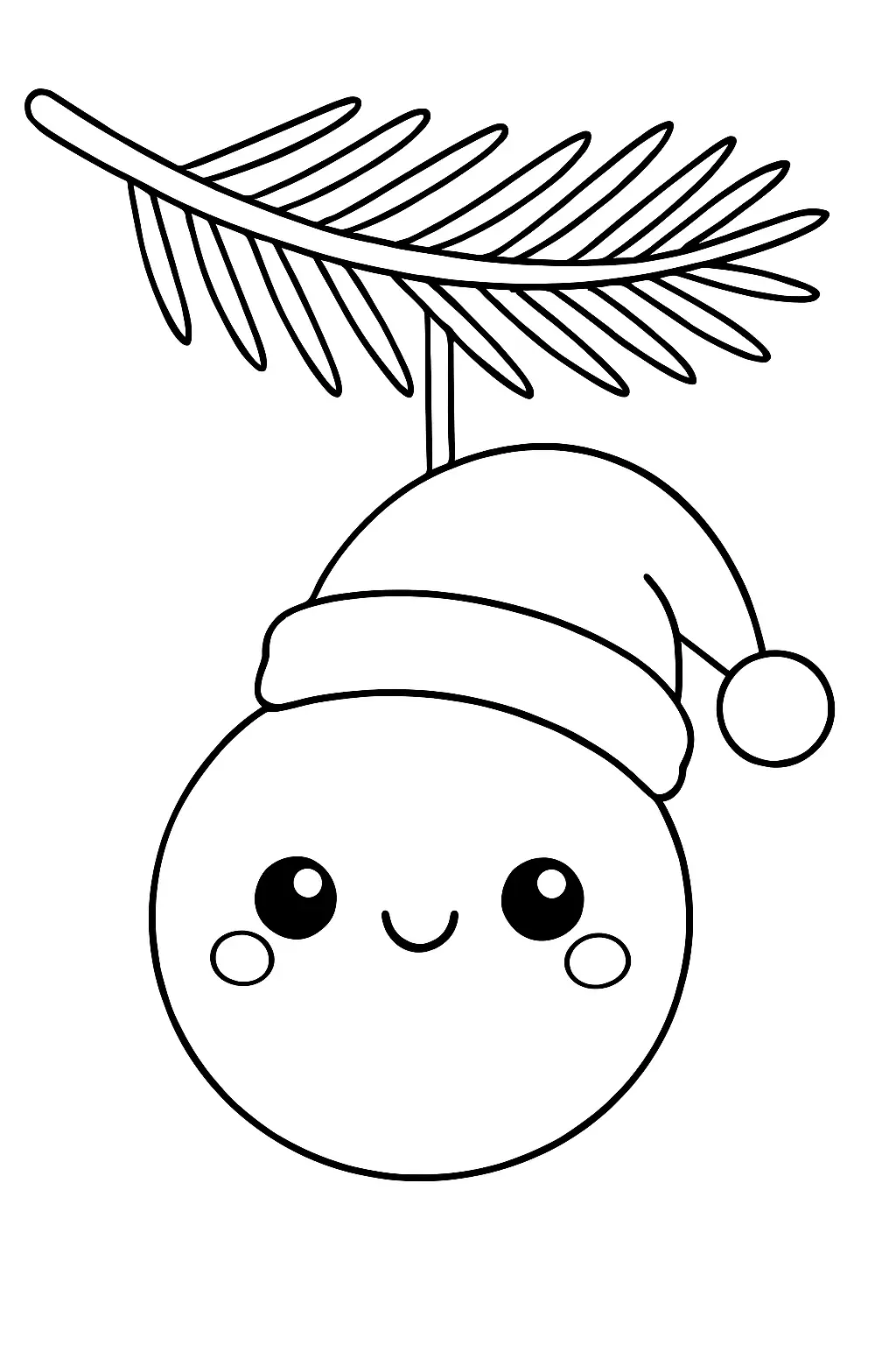 Boule de noel kawaii suspendue à une branche, page de coloriage en noir et blanc avec contours épais.