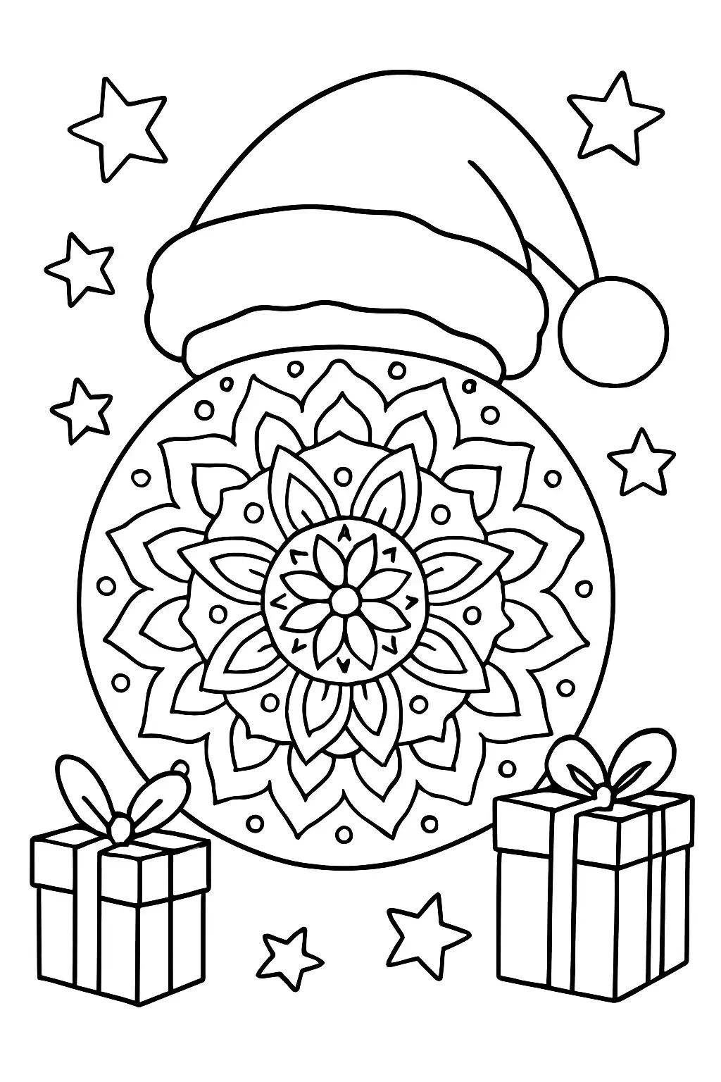 Boule de noël mandala avec un bonnet de père Noël, étoiles au fond, page de coloriage en noir et blanc avec contours épais.