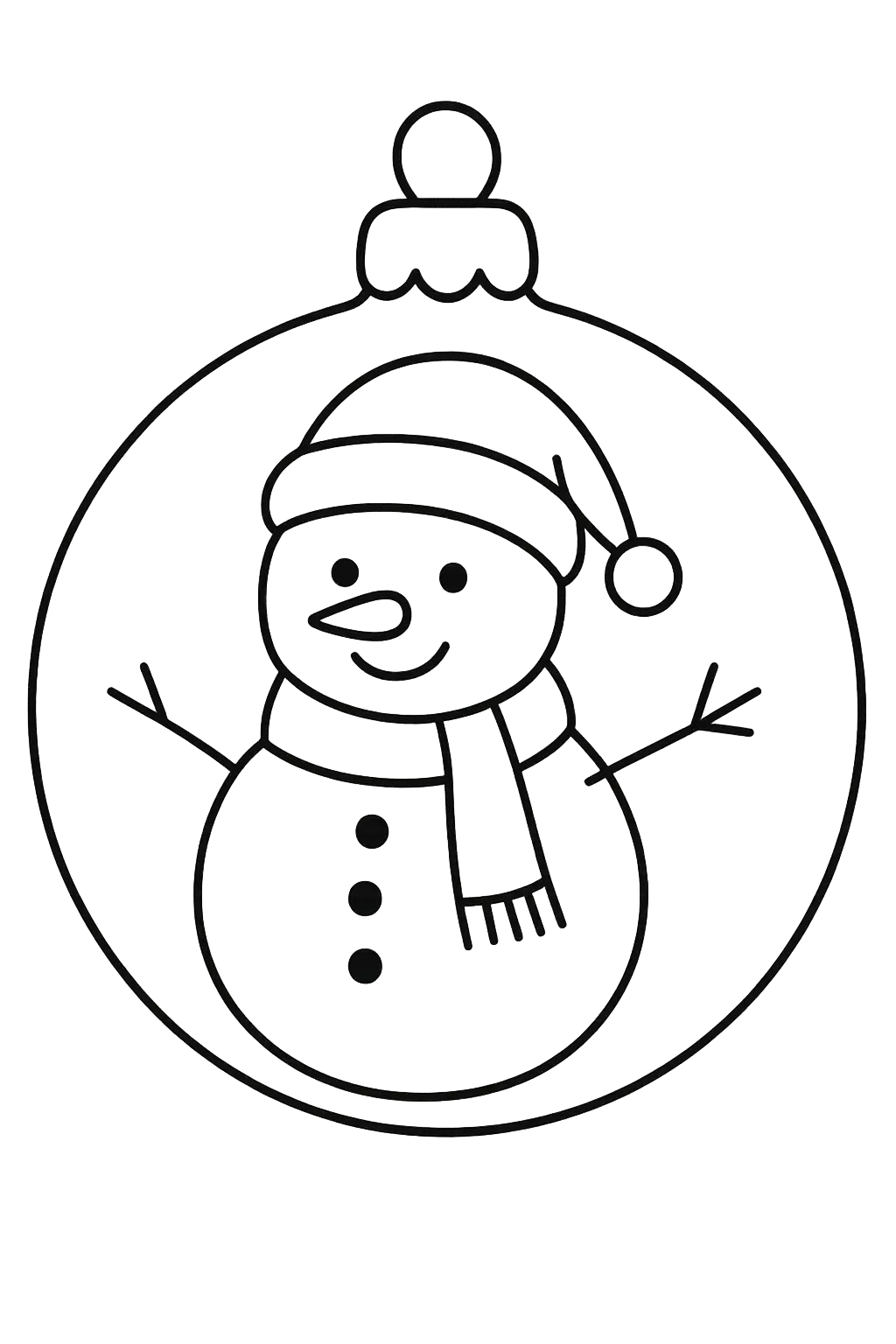 Boule de noel transparente avec un bonhomme de neige, page de coloriage noir et blanc avec contours épais.
