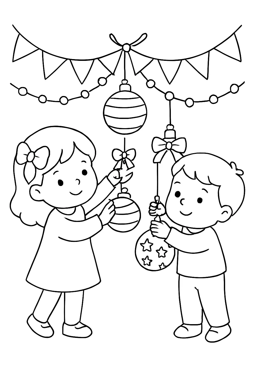 Enfants suspendant des boules de Noël, page de coloriage noir et blanc avec contours épais.