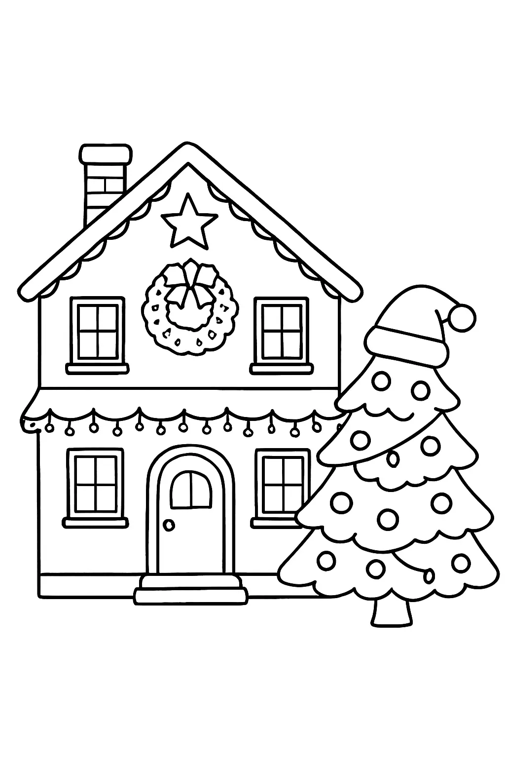 Maison de Noël décorée avec un sapin et des cadeaux, page de coloriage en noir et blanc avec contours épais.