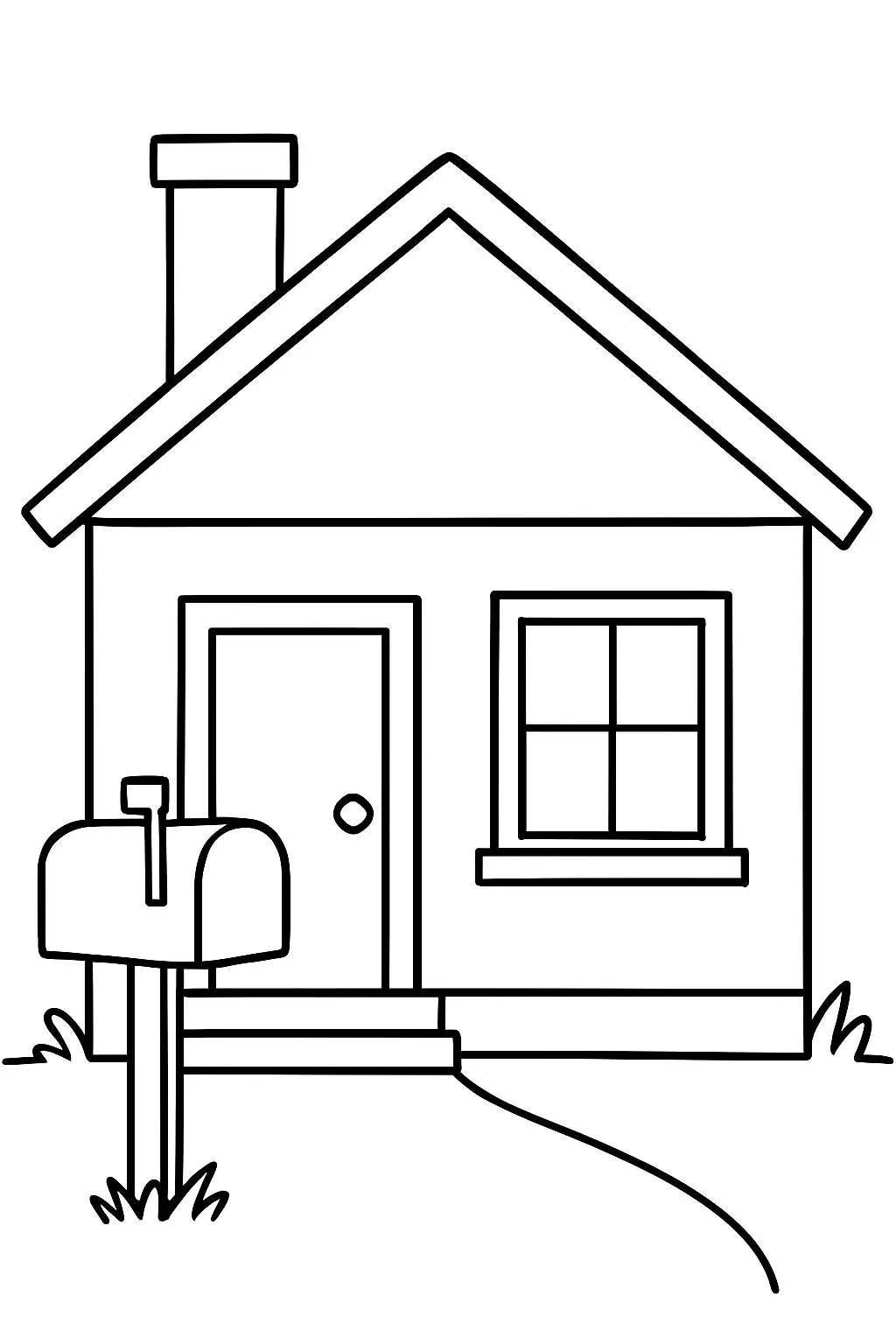 Maison traditionnelle avec boîte aux lettres et fenêtre, page de coloriage noir et blanc à contours épais.