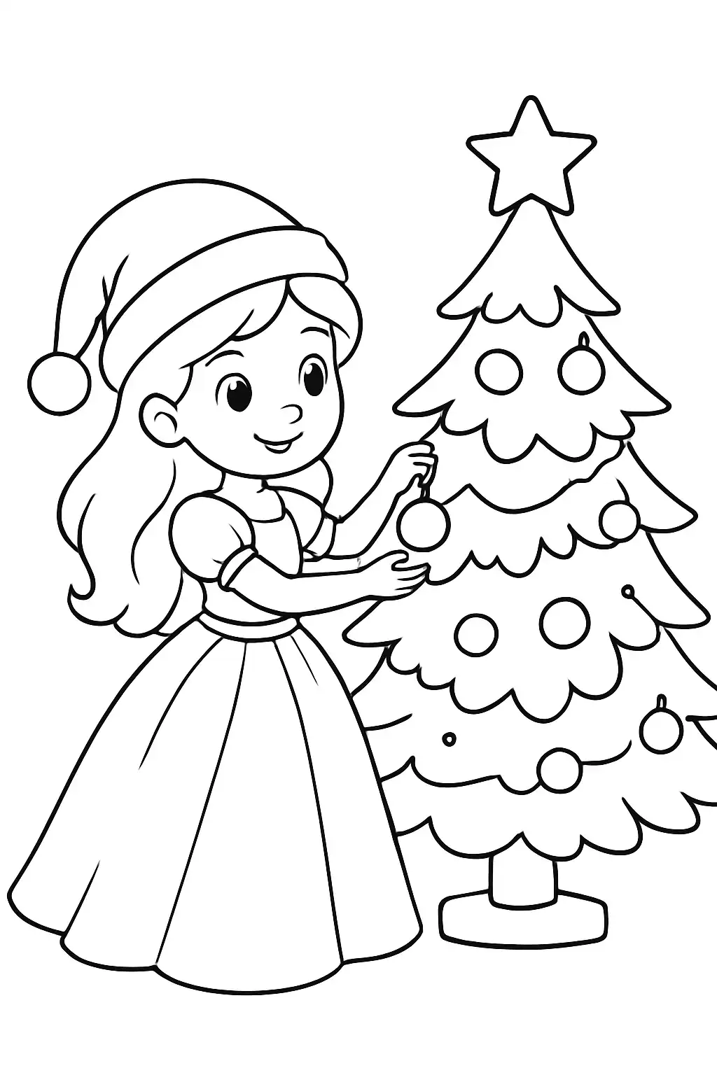 Princesse avec un chapeau de Noël décorant un sapin, page de coloriage en noir et blanc avec contours épais.