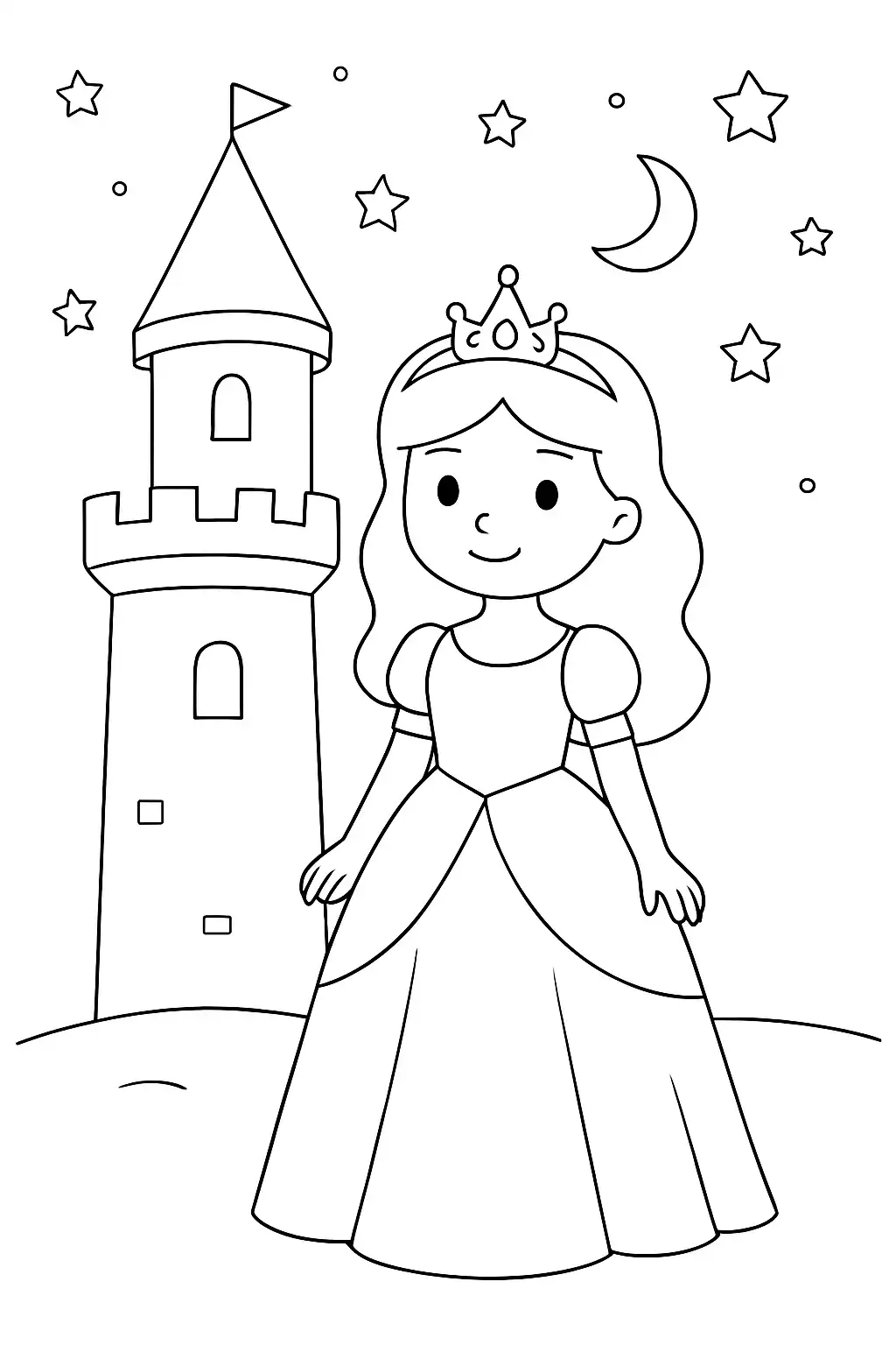 Princesse debout devant une tour sous un ciel étoilé, page de coloriage noir et blanc avec contours épais.