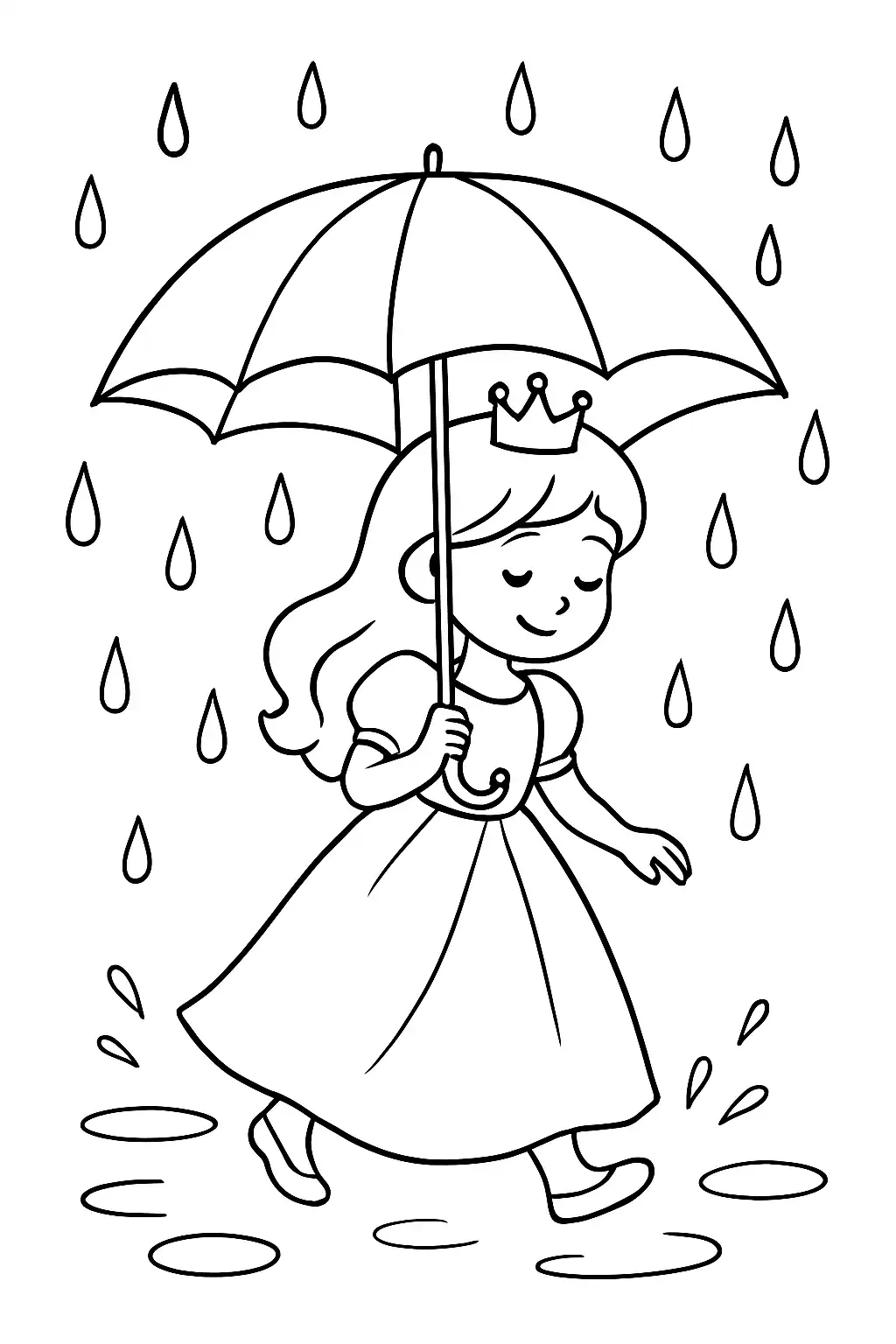 Princesse avec un parapluie, sous la pluie, page de coloriage noir et blanc avec contours épais.
