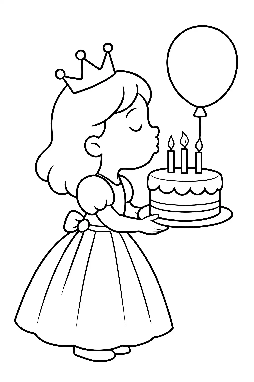 Princesse soufflant des bougies sur un gâteau, étoile au fond, page de coloriage noir et blanc à contours épais.