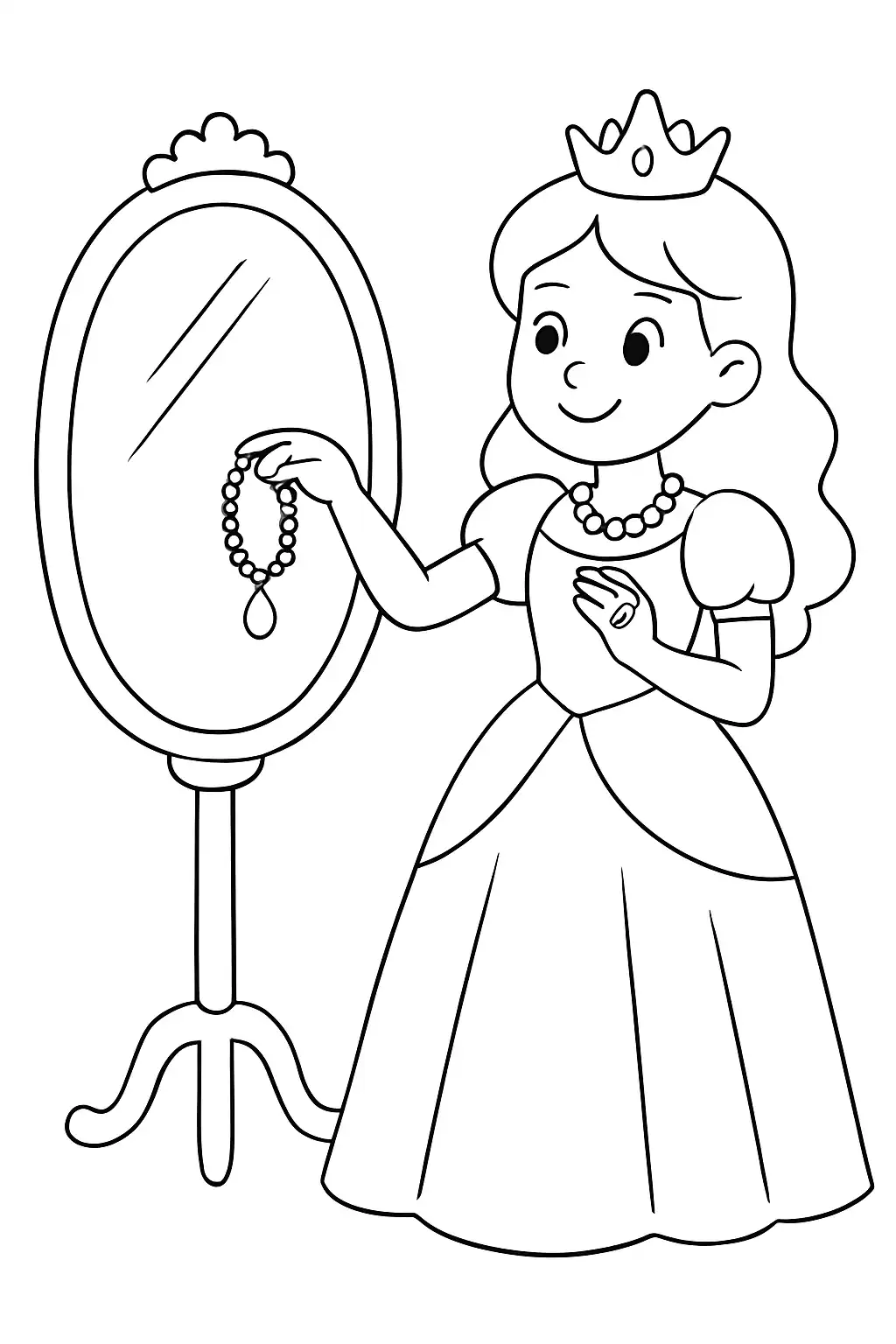 Princesse devant un grand miroir, page de coloriage noir et blanc avec contours épais.