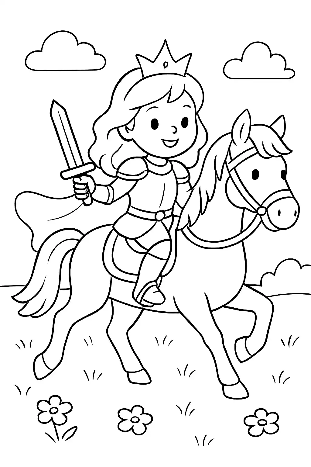 Princesse chevalière montant son cheval, étoile en fond, page de coloriage noir et blanc à contours épais.