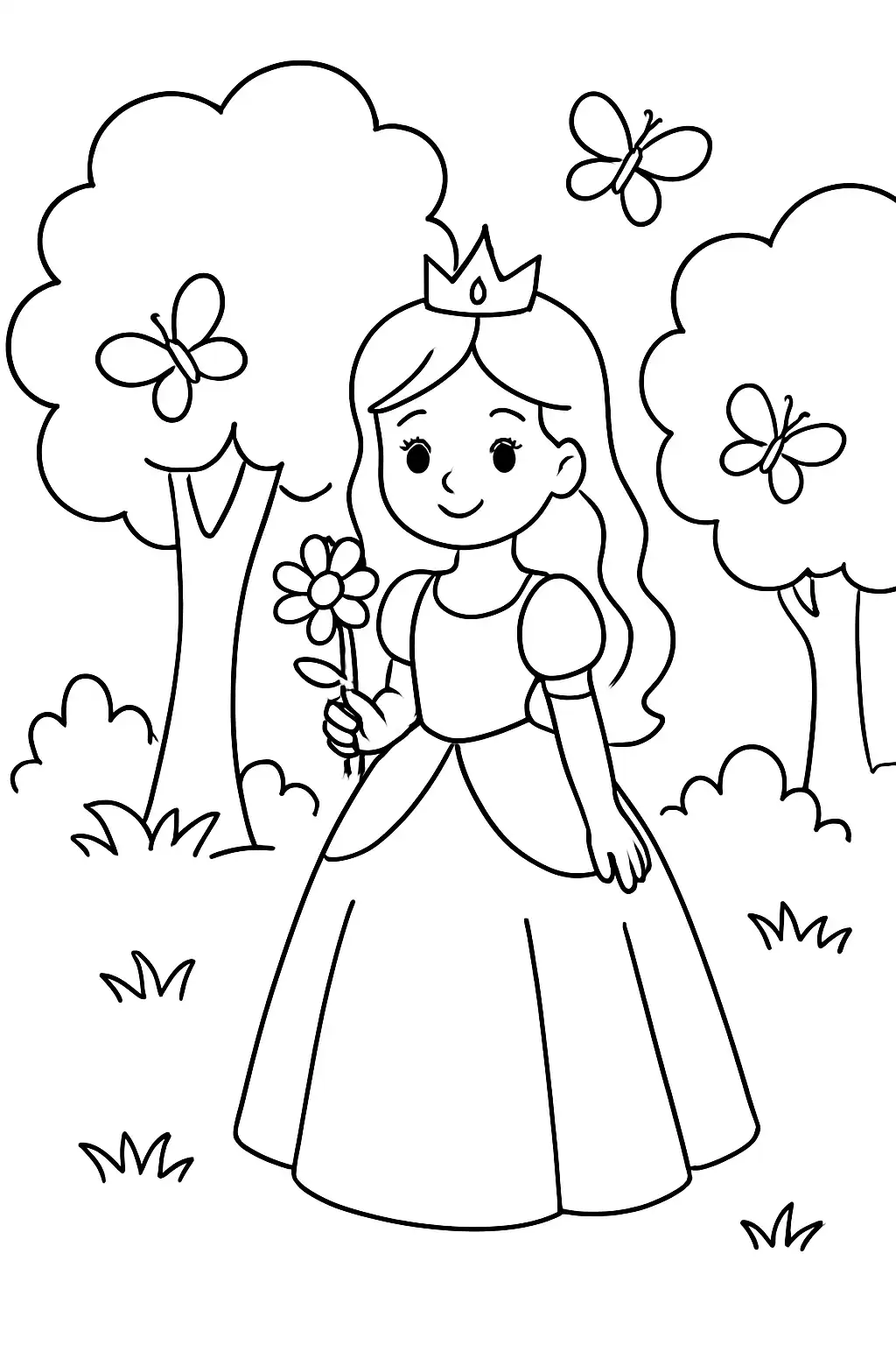 Princesse debout tenant une fleur, page de coloriage noir et blanc avec contours épais.