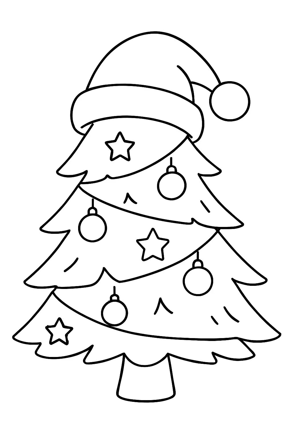 Un sapin décoré portant un chapeau de Noël, page de coloriage en noir et blanc avec contours épais.