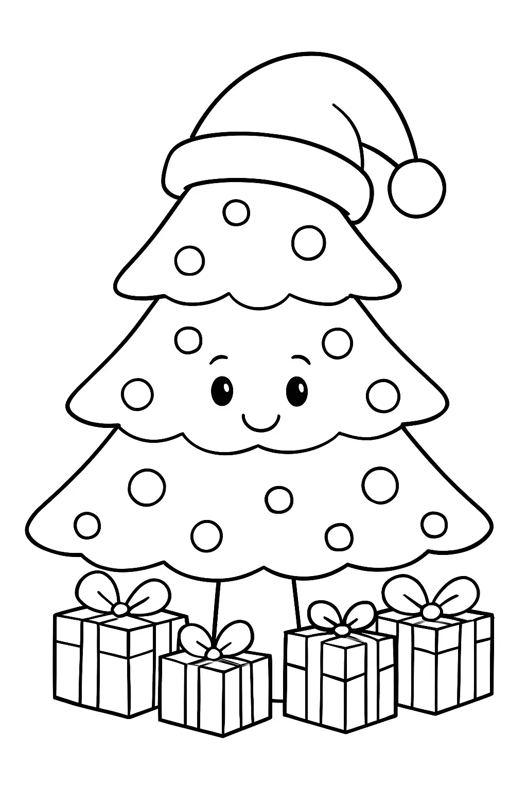 Grand sapin entouré de cadeaux, portant un chapeau de Noël, page de coloriage noir et blanc avec contours épais.