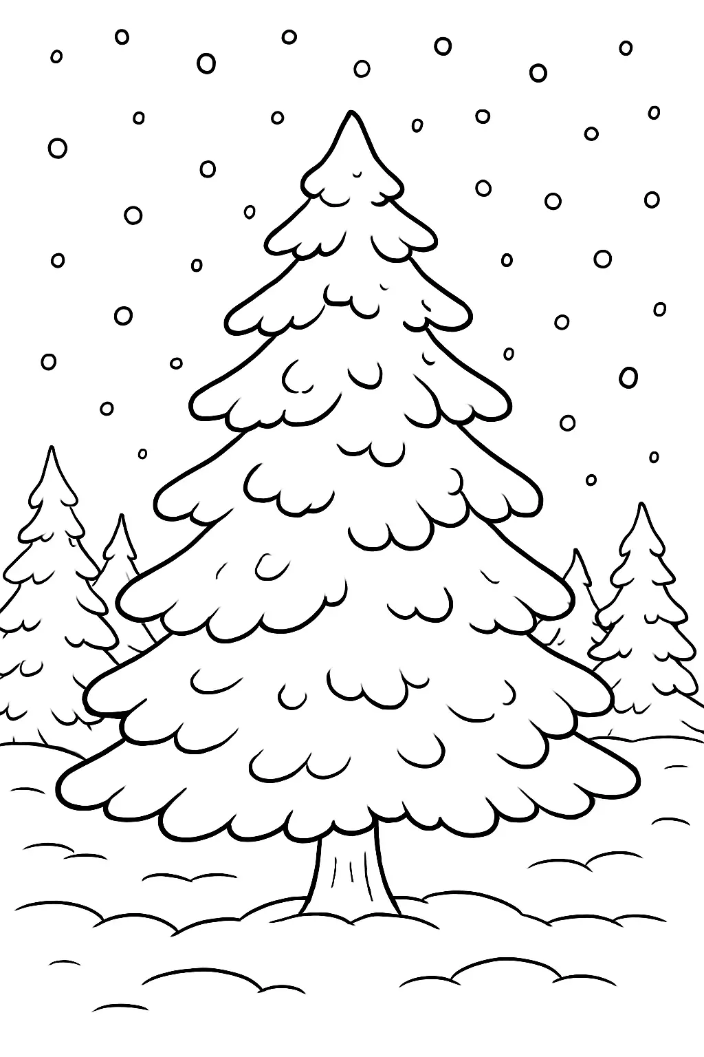 Coloriage de sapin enneigé dans la forêt, flocons de neige, page de coloriage noir et blanc avec contours épais.