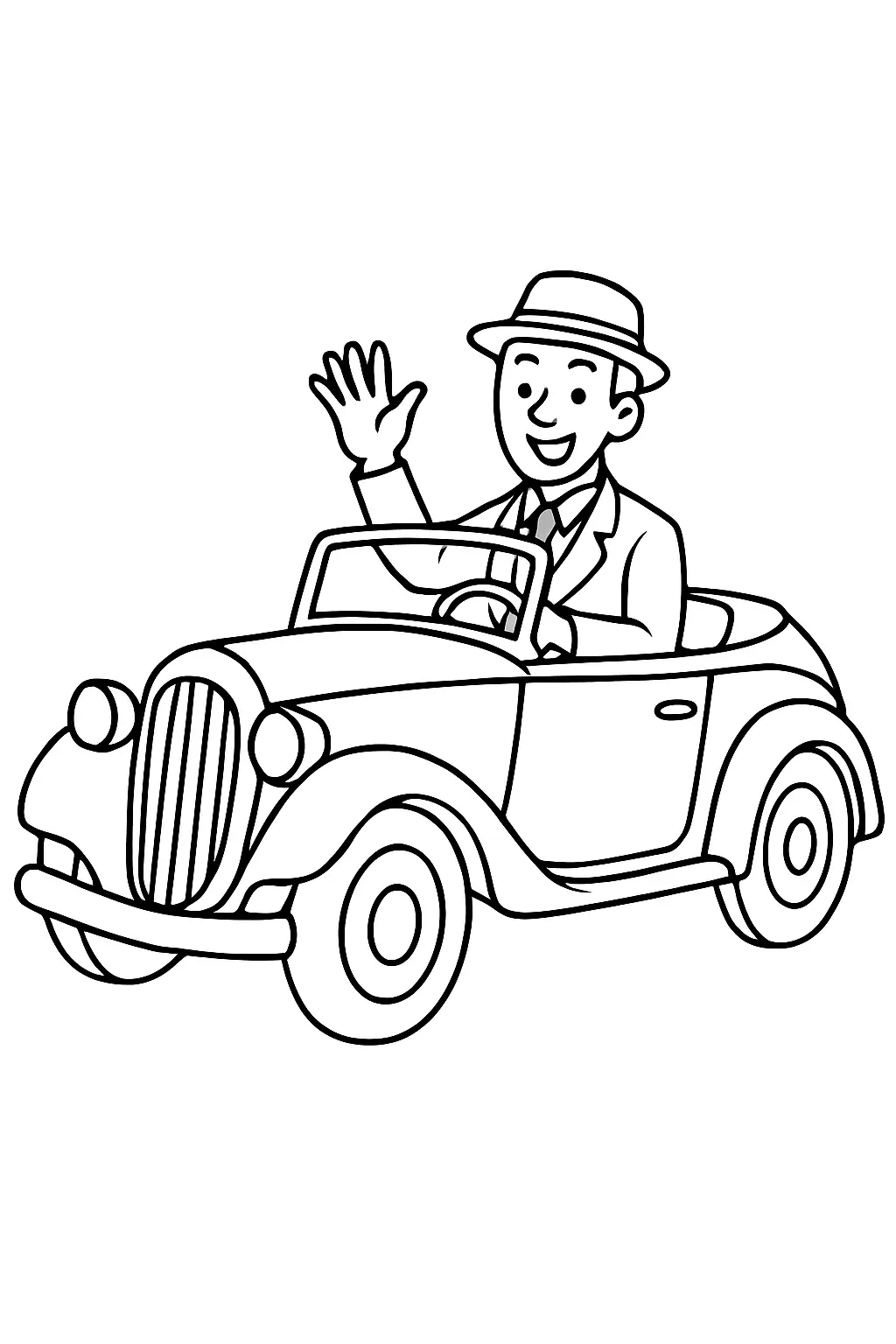 Coloriage de voiture ancienne décapotable avec un personnage faisant un signe amical, en noir et blanc avec contours épais.