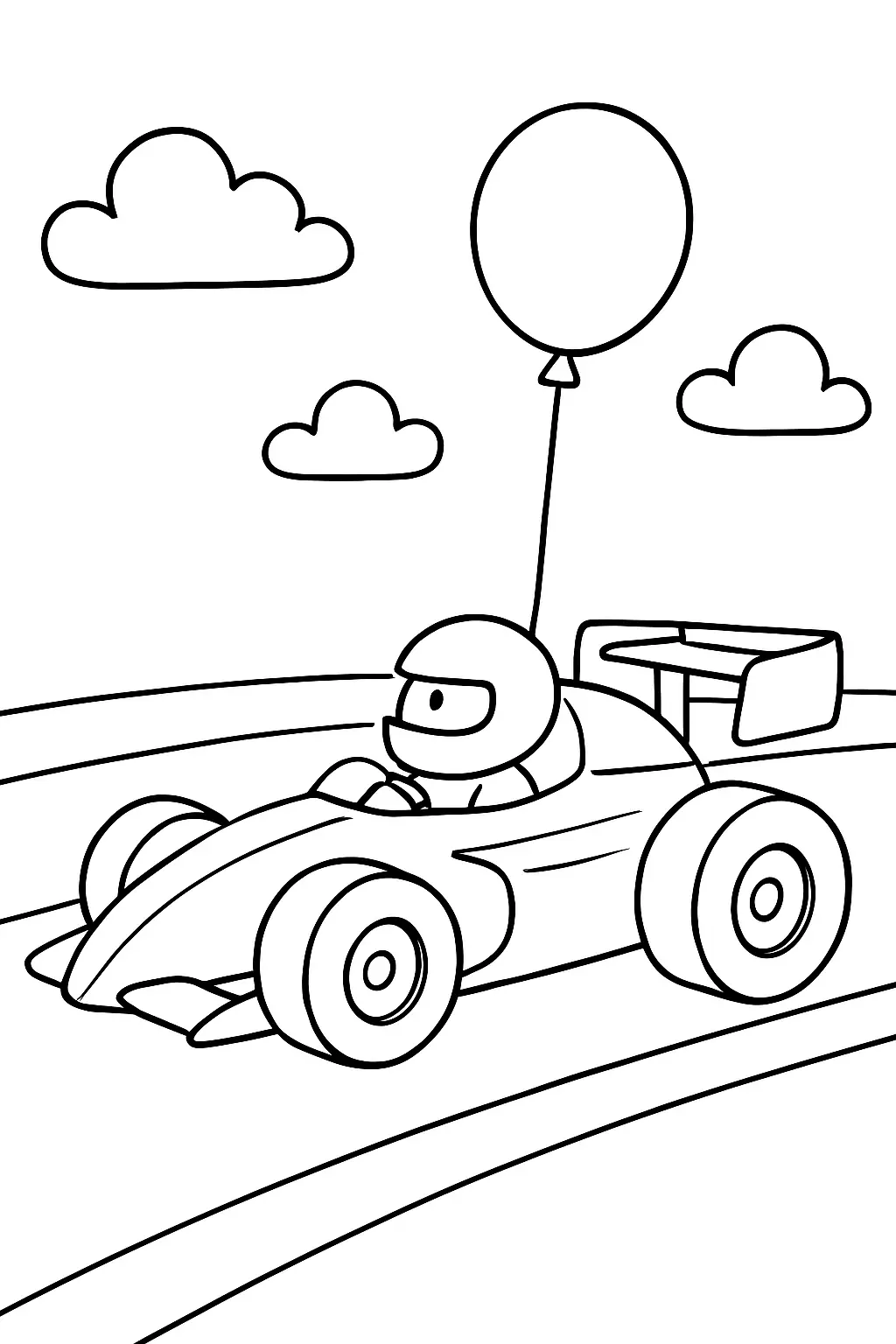 Coloriage de voiture de course tenant un ballon, page en noir et blanc avec contours épais.