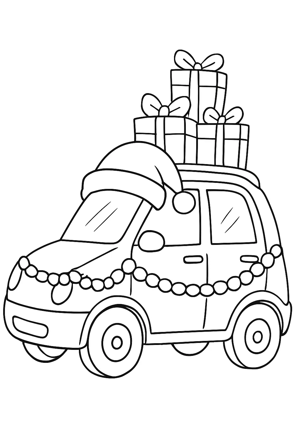 Coloriage de voiture avec guirlandes et cadeaux, page noir et blanc à contours épais.