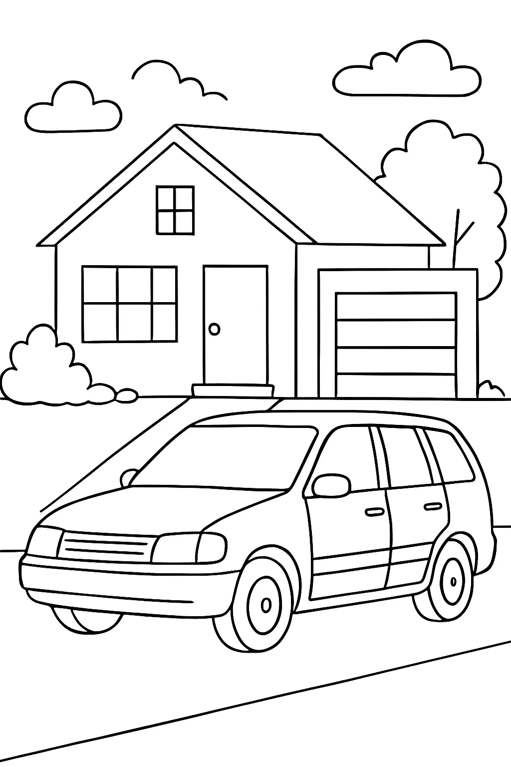 Coloriage de voiture familiale garée devant une maison, page en noir et blanc avec contours épais.
