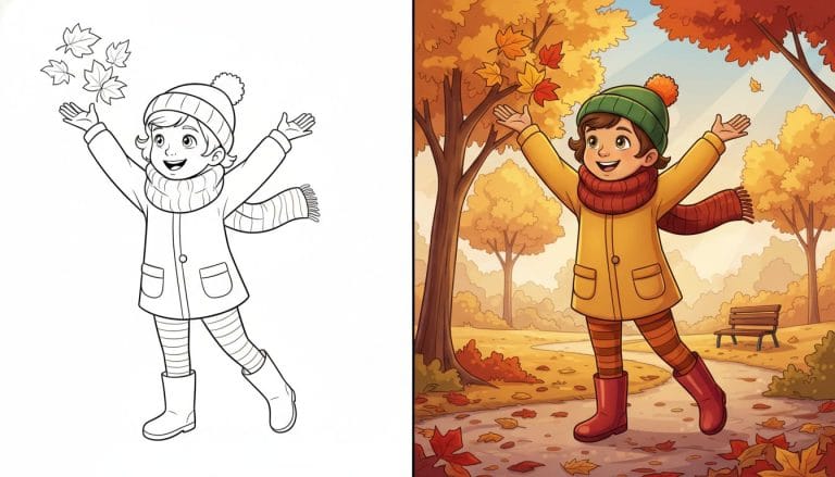 Page de coloriage automne avec un enfant souriant lançant des feuilles, en noir et blanc avec des contours épais.