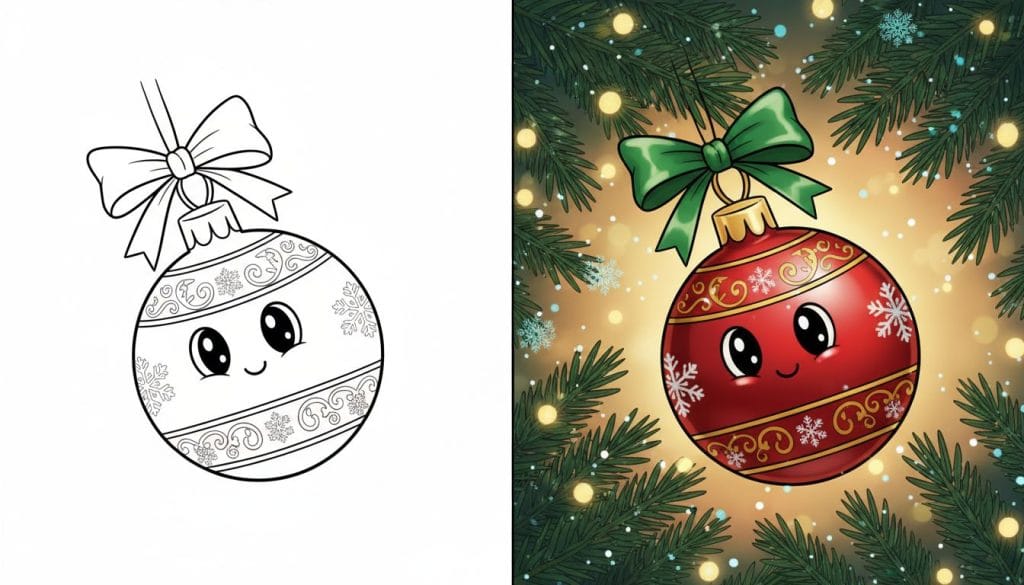 coloriage boule de noel souriante accrochée à une branche, page de coloriage en noir et blanc avec des contours épais.
