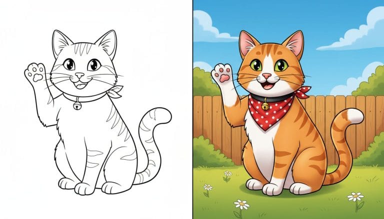 Coloriage chat, un chat souriant levant la patte, page en noir et blanc avec contours épais.