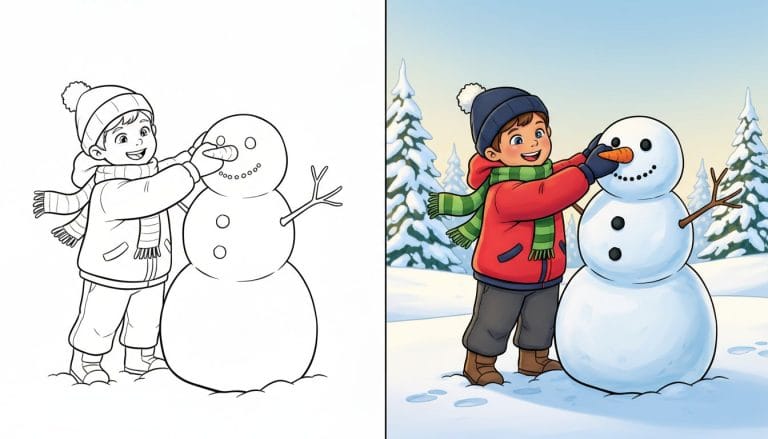 coloriage hiver d'un enfant construisant un bonhomme de neige en noir et blanc avec des contours épais.