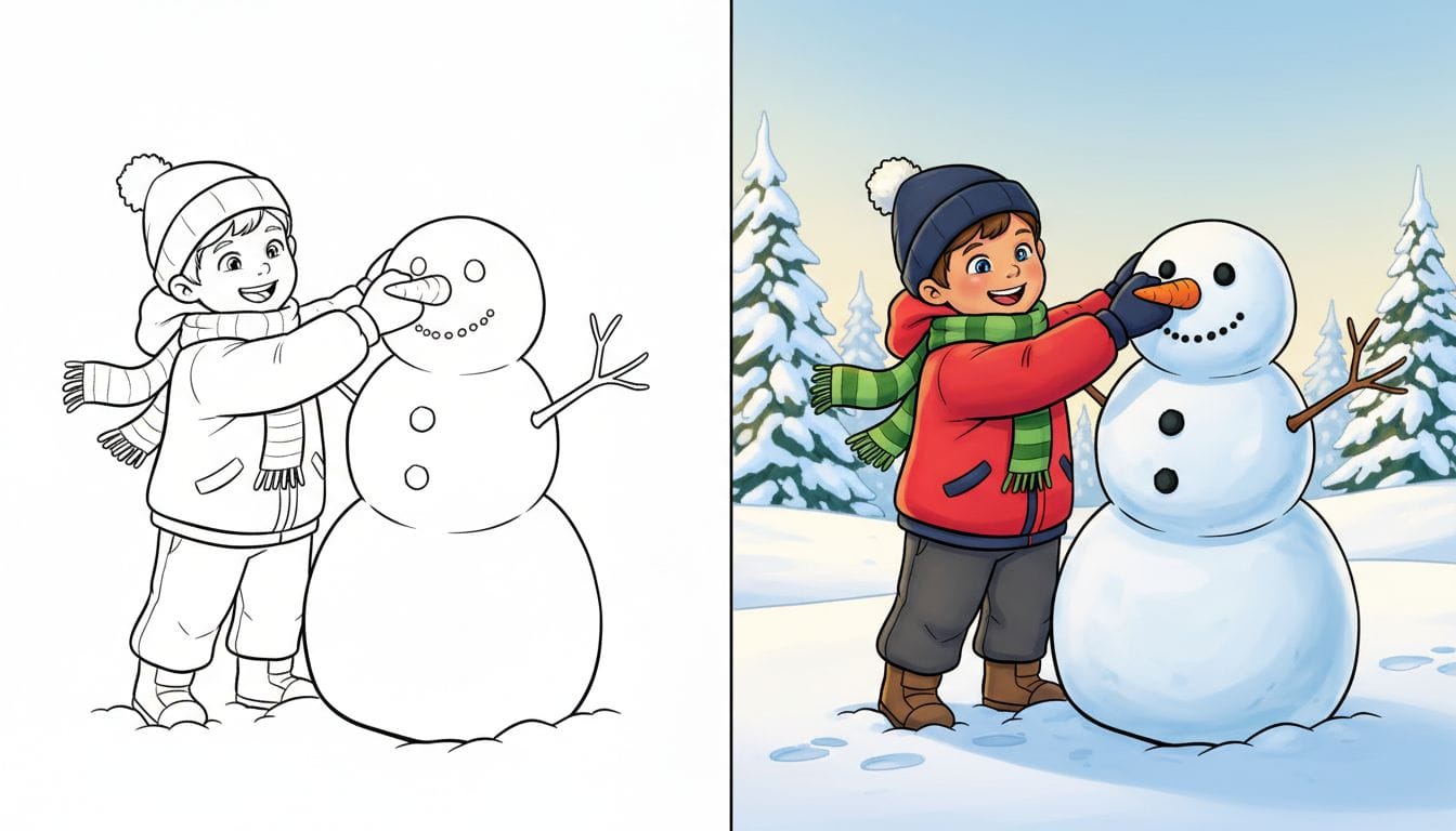 Coloriages d'hiver 1 coloriage hiver d'un enfant construisant un bonhomme de neige en noir et blanc avec des contours épais.