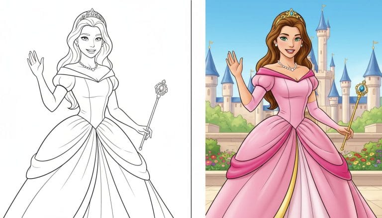 Coloriage princesse en noir et blanc avec des contours épais, princesse souriante hissant la main en signe d'au revoir.