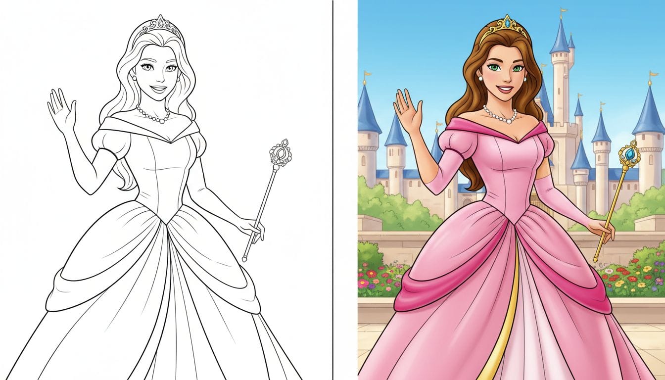 Coloriages de princesse 1 Coloriage princesse en noir et blanc avec des contours épais, princesse souriante hissant la main en signe d'au revoir.