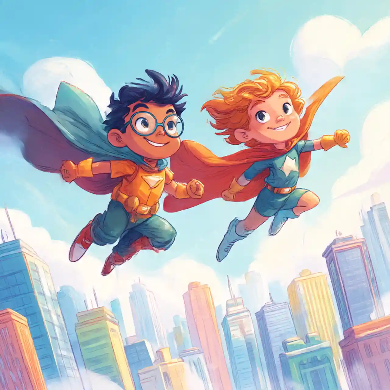 Home 8 cute kid superheroes flying over a colorful 11 11 2025