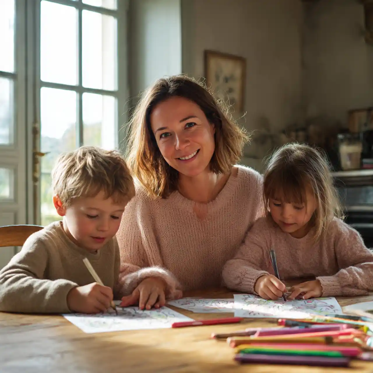 Home 1 Lucie Morel, enseignante et maman, colorie avec ses deux enfants à la maison dans une ambiance chaleureuse et lumineuse.
