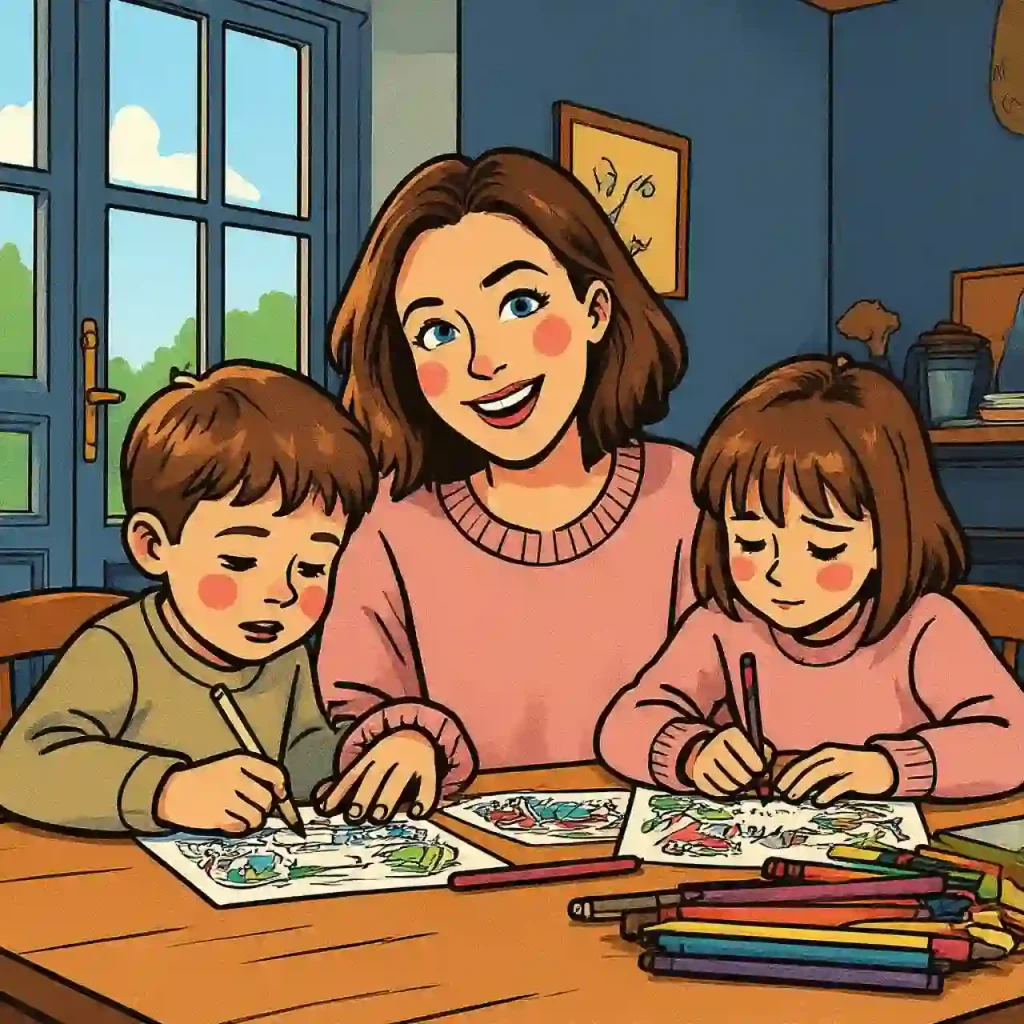 À propos 1 Illustration de Lucie Morel, enseignante et maman, coloriant avec ses deux enfants à la maison dans une ambiance chaleureuse et joyeuse.