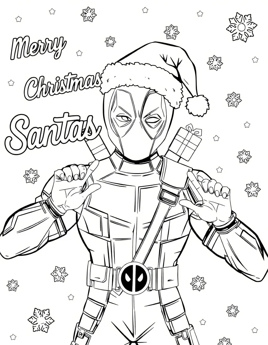 Deadpool portant un chapeau de Noël, décor simple, page de coloriage noir et blanc avec contours épais.