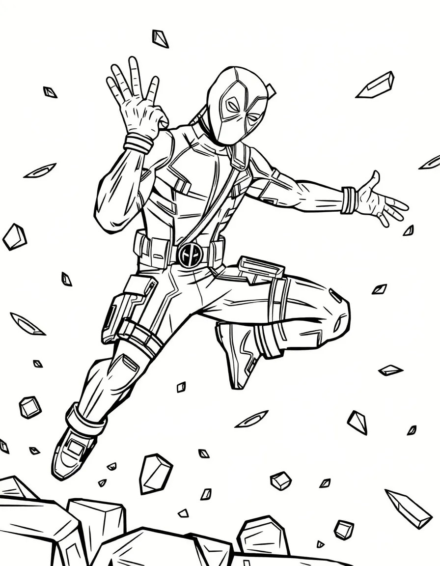 Deadpool exécutant un saut acrobatique, page de coloriage noir et blanc avec contours épais.