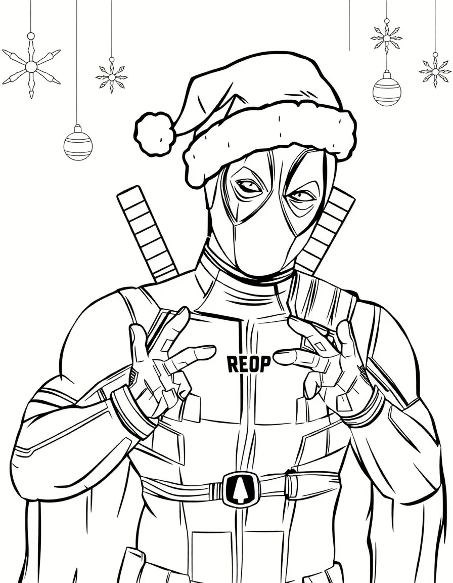 Deadpool tenant deux épées, page de coloriage noir et blanc avec contours épais.