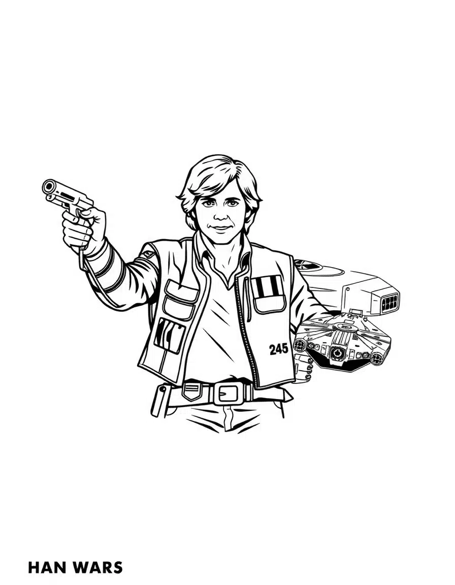 coloriage star wars avec Han Solo pilotant le Millennium Falcon, page de coloriage en noir et blanc à contours épais.