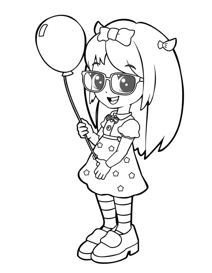 coloriage de boobie goods se préparant pour une fête d'anniversaire, page de coloriage en noir et blanc à contours épais.