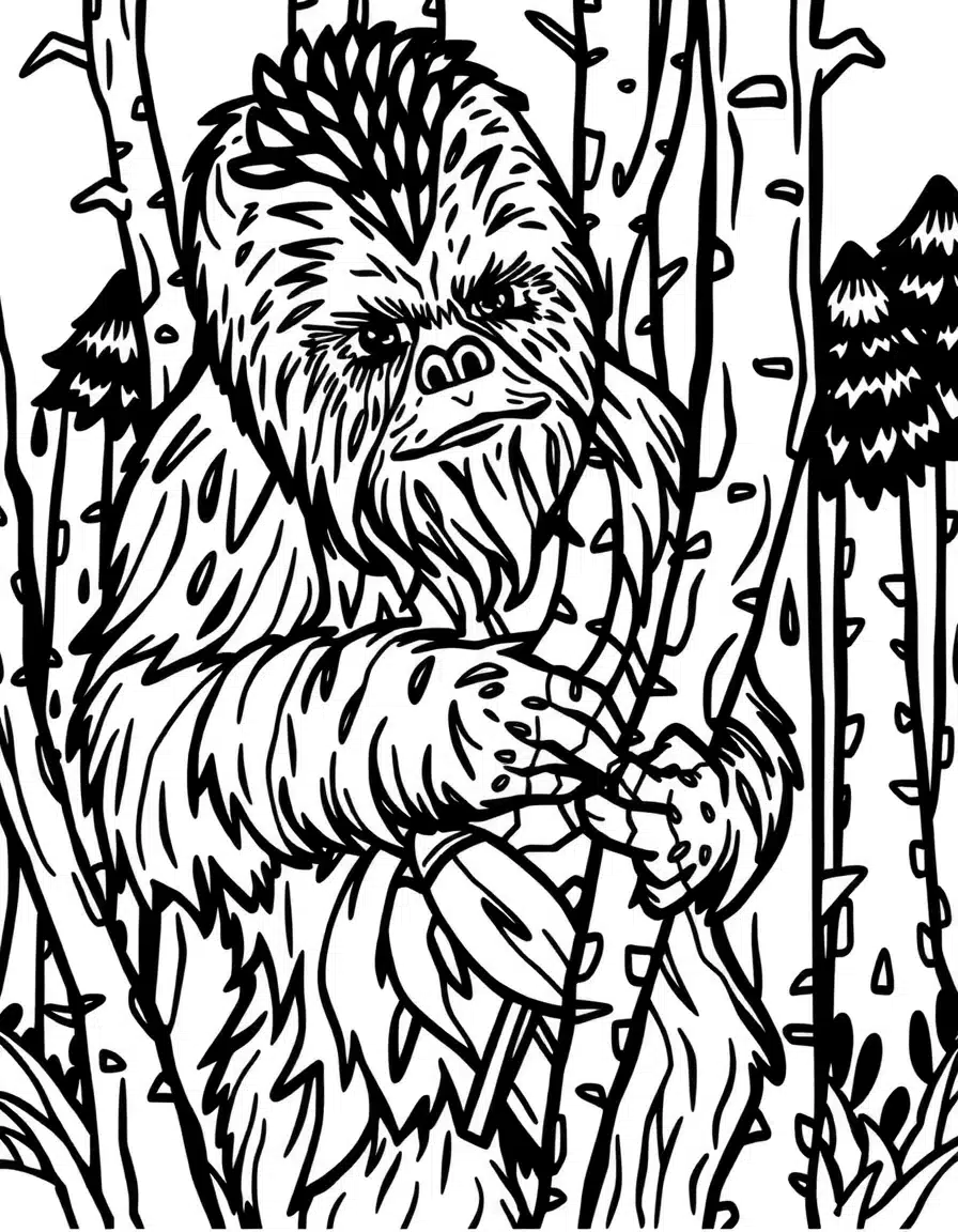 coloriage star wars Chewbacca rugissant, page de coloriage en noir et blanc à contours épais.