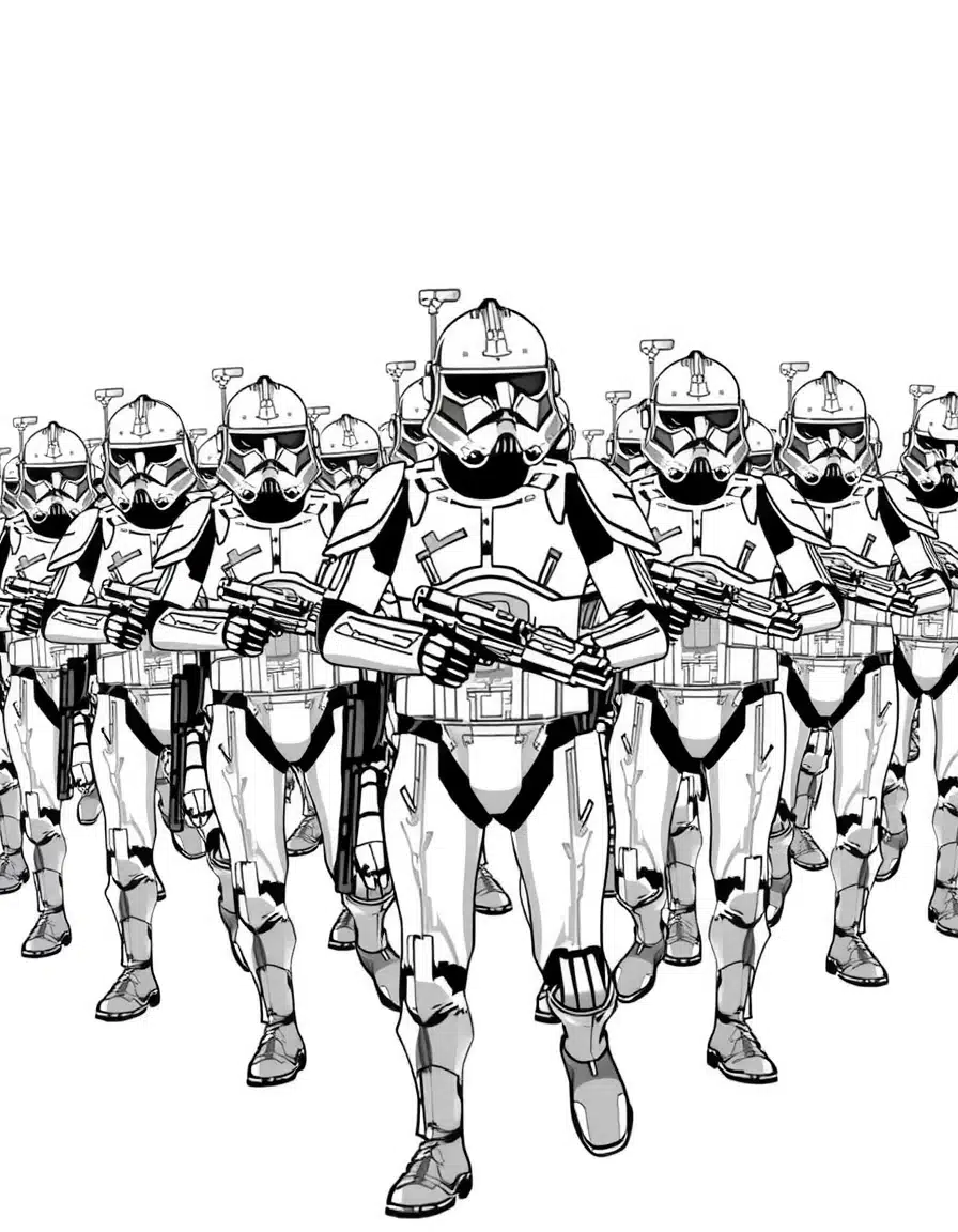 coloriage star wars avec un Clone Trooper en formation, page de coloriage en noir et blanc à contours épais.