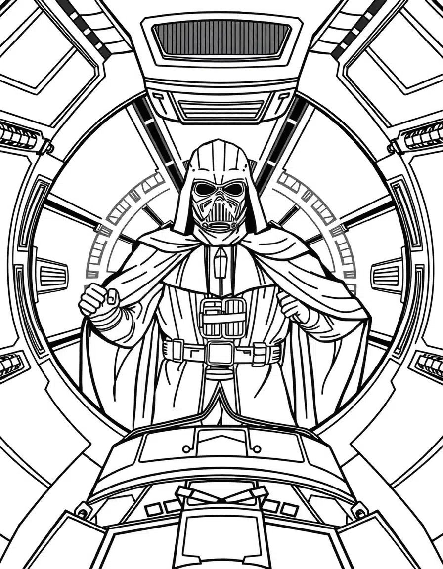 coloriage star wars Dark Vador contemplatif dans son vaisseau, page de coloriage en noir et blanc à contours épais.