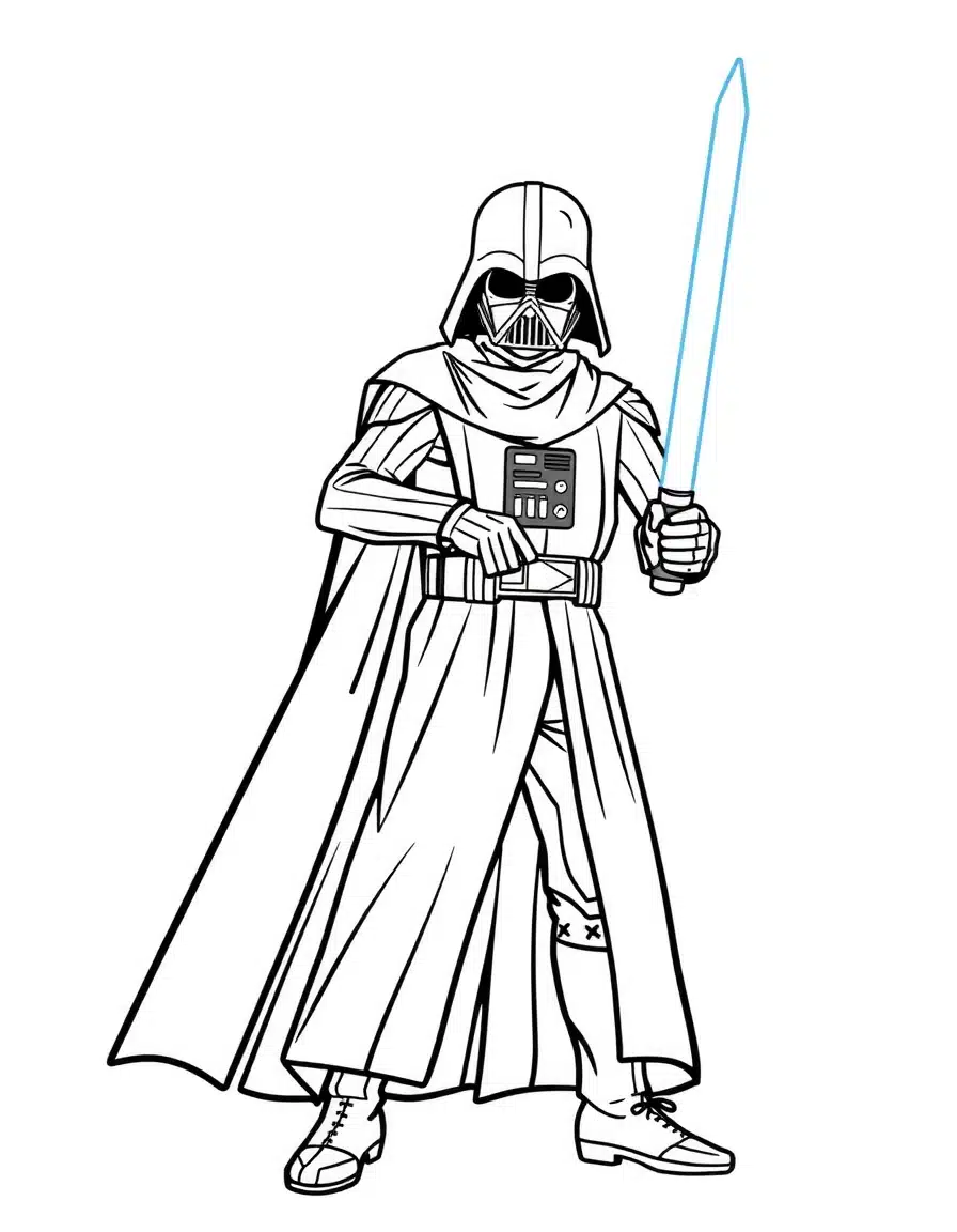 coloriage star wars de Dark Vador tenant son sabre laser, page de coloriage en noir et blanc à contours épais.