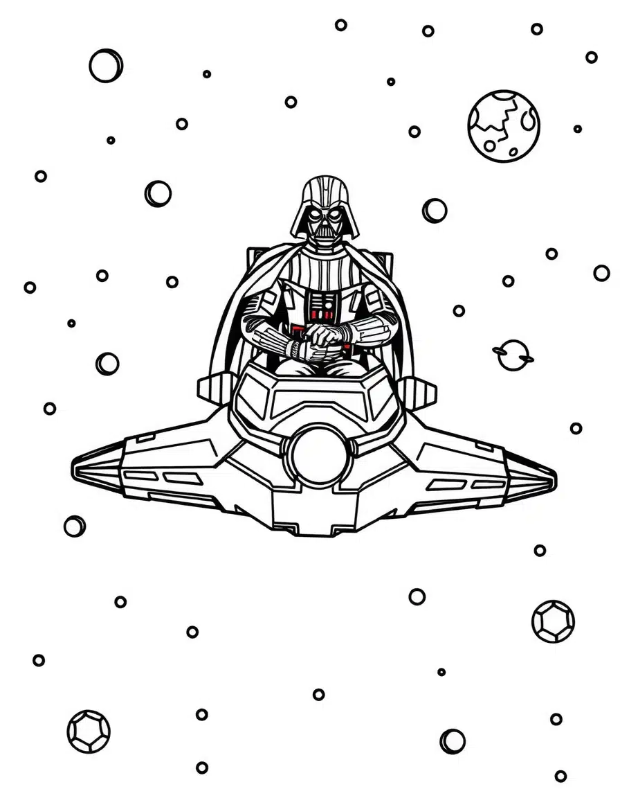 coloriage star wars Dark Vador volant dans son vaisseau, page de coloriage en noir et blanc à contours épais.