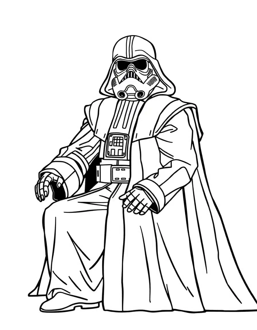 coloriage star wars avec Empereur Palpatine assis sur son trône, page de coloriage en noir et blanc à contours épais.