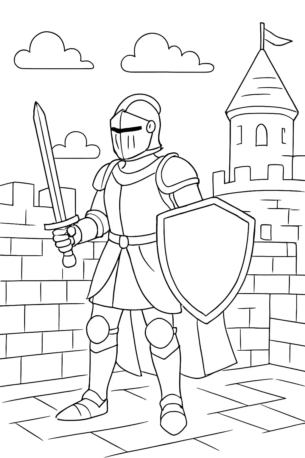 coloriage fortnite d'un chevalier prêt pour la bataille, page de coloriage en noir et blanc à contours épais.