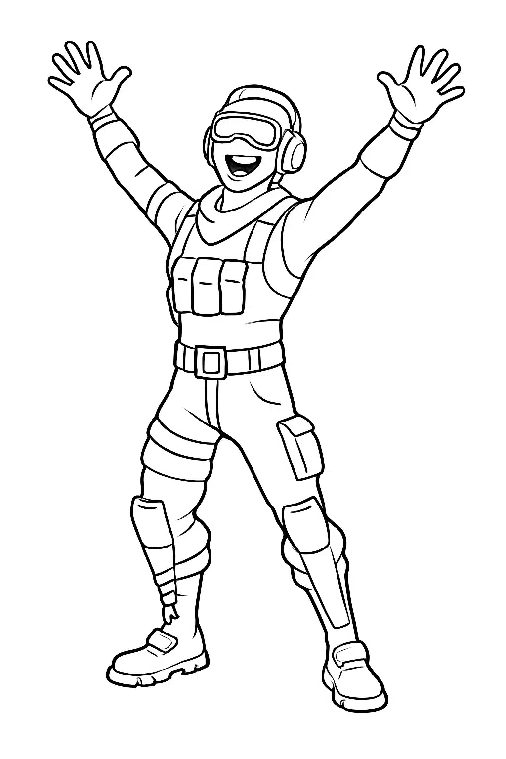 coloriage fortnite personnage célébrant, page de coloriage en noir et blanc à contours épais.