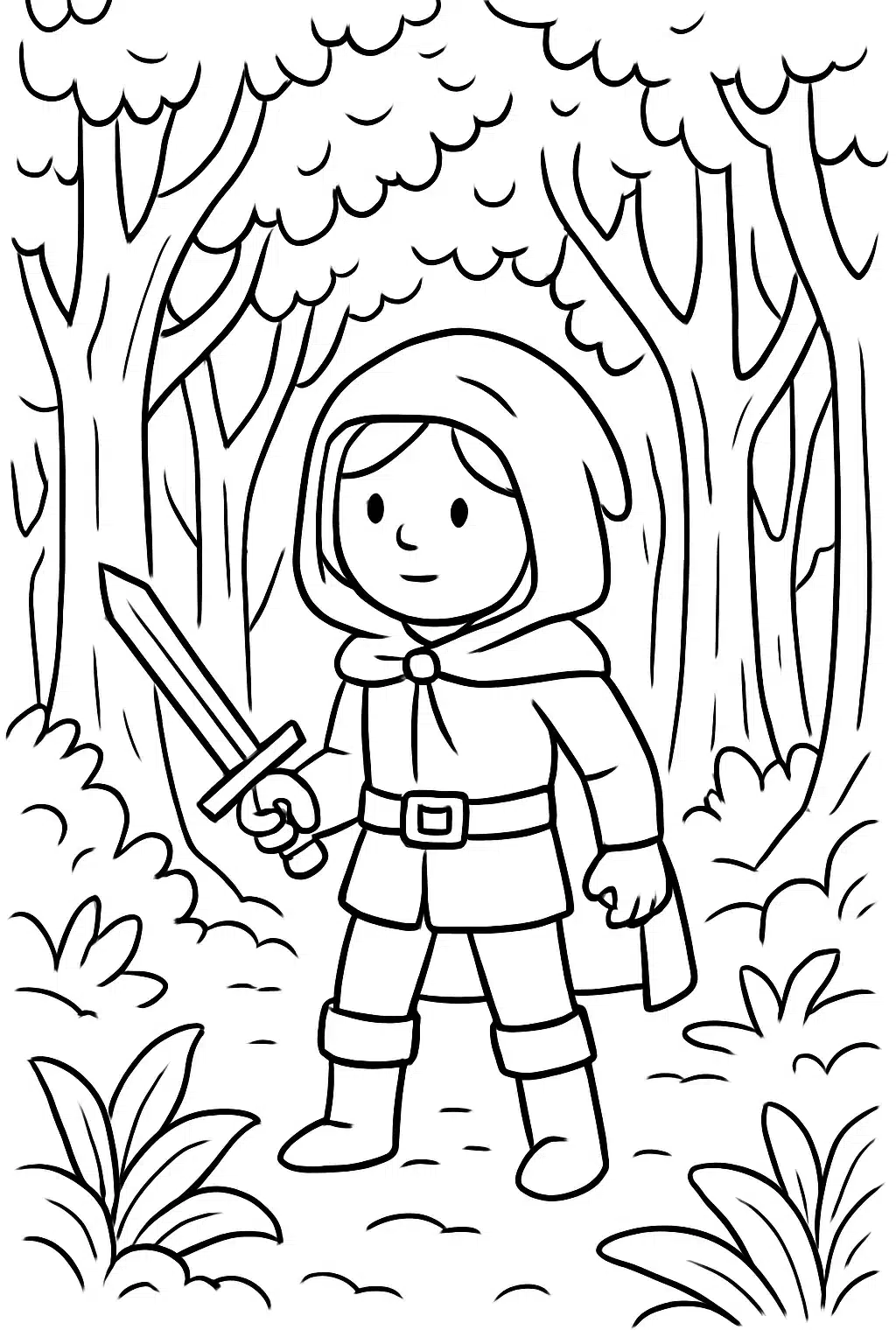 coloriage fortnite d'un personnage armé dans une forêt mystérieuse, page de coloriage en noir et blanc à contours épais.